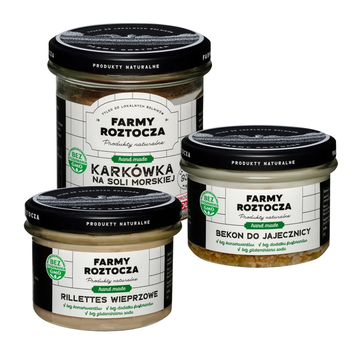 Zestaw wyrobów mięsnych w słoiku: rillettes wieprzowe, bekon do jajecznicy, karkówka na soli morskiej Farmy Roztocza