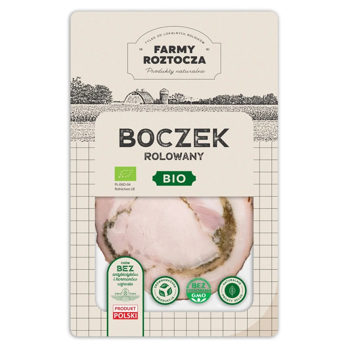 Boczek rolowany w plastrach w plastrach Bio 100 g Farmy Roztocza