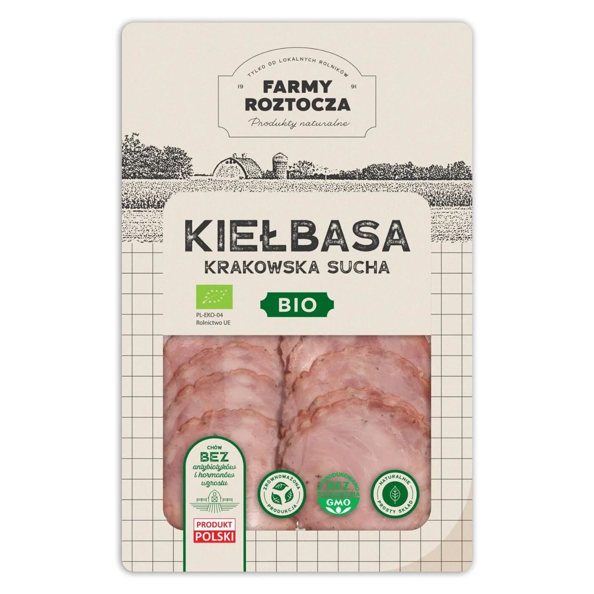 Kiełbasa krakowska sucha w plastrach Bio 100 g Farmy Roztocza