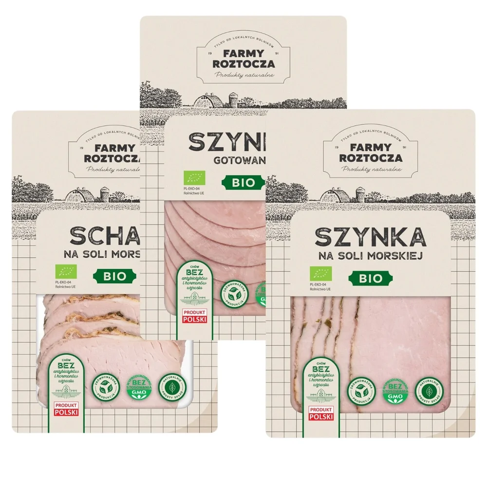 Mix - zestaw wędlin Bio: Schab oraz Szynka na soli morskiej, Szynka gotowana 300 g Farmy Roztocza