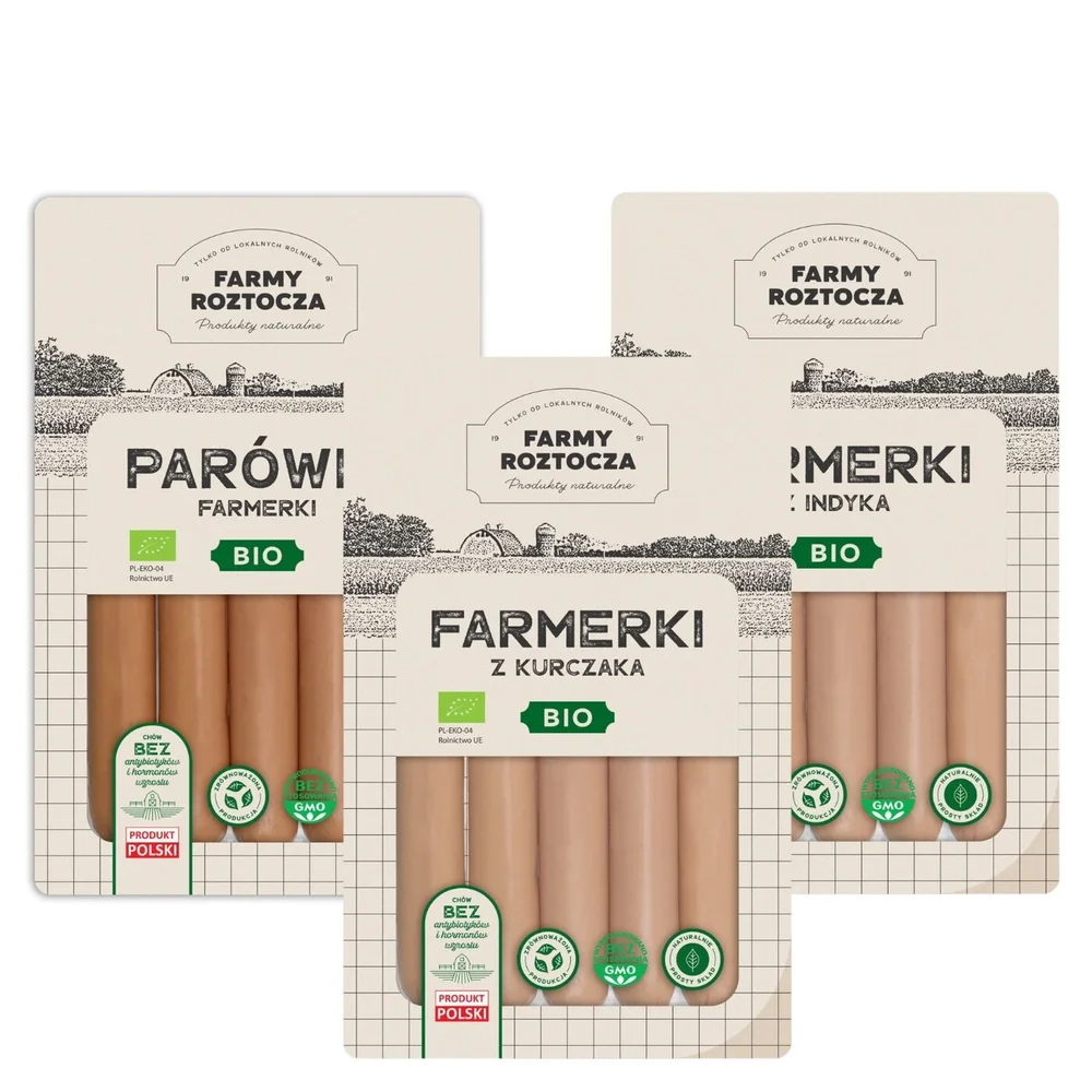 Zestaw parówek Bio: farmerki, z indyka, z kurczaka 750 g Farmy Roztocza