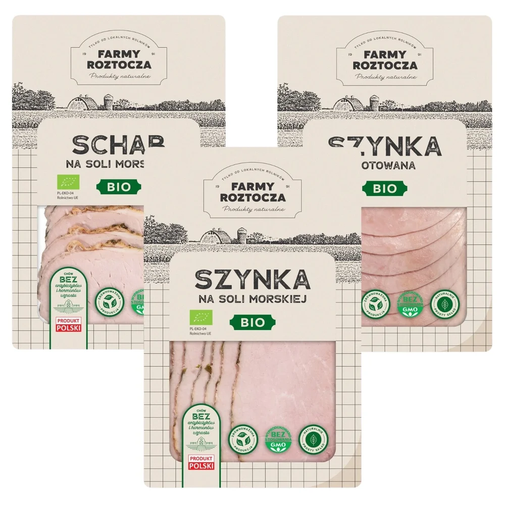 Mix - zestaw wędlin Bio: Schab oraz Szynka na soli morskiej, Szynka gotowana 300 g Farmy Roztocza