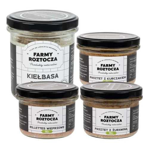 Zestaw wyrobów mięsnych Bio: rillettes wieprzowe, pasztet z żurawiną, kiełbasa zagrodowa, pasztet z kurczakiem Farmy Roztocza
