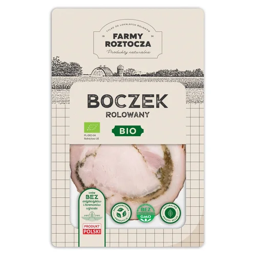 Boczek rolowany w plastrach w plastrach Bio 100 g Farmy Roztocza