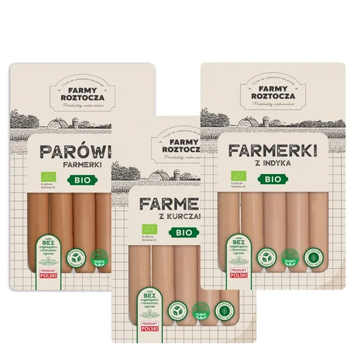 Zestaw parówek Bio: farmerki, z indyka, z kurczaka 750 g Farmy Roztocza