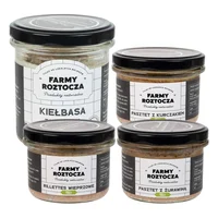 Zestaw wyrobów mięsnych Bio: rillettes wieprzowe, pasztet z żurawiną, kiełbasa zagrodowa, pasztet z kurczakiem Farmy Roztocza